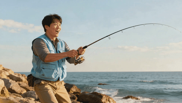 Happy man fishing on a rocky coast