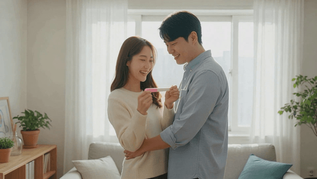 Couple celebrating pregnancy test result in living room