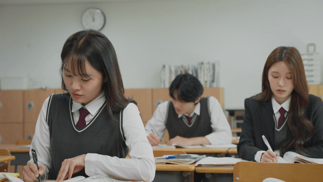 Students attentively listening in class