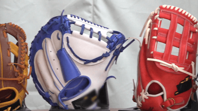 Various baseball gloves displayed indoors