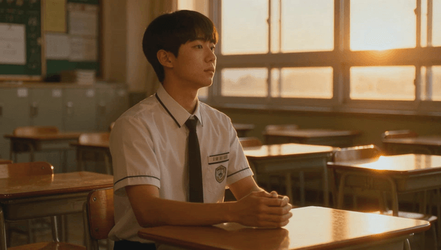 방과후 홀로 해질녘 교실에 있는 남자 학생