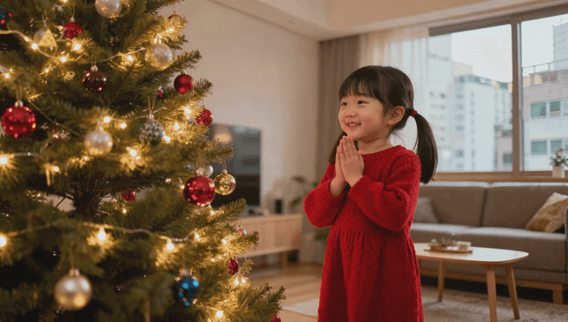 장식된 크리스마스 트리를 바라보는 여자아이