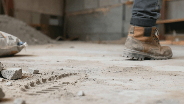 Worker's boots on a dusty construction site