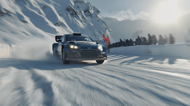 Car racing on a snow-covered track with cheering people