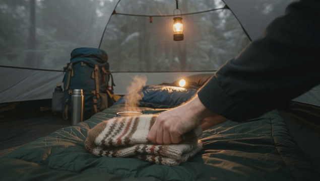 Warm tent interior with steaming steel cup