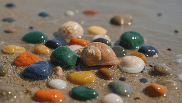 Colorful shells and pebbles on a beach