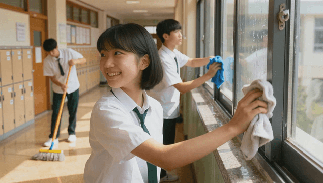 Students cleaning windows in a school hallway
