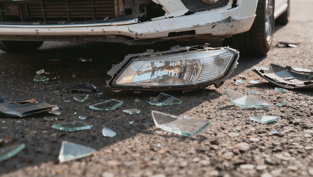 Broken car parts and shattered glass
