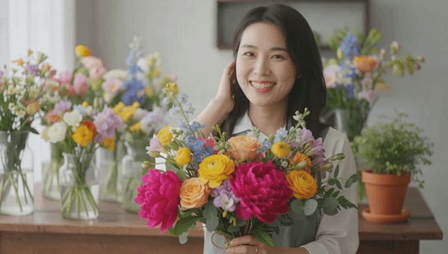 Woman smiling with a vibrant bouquet in a flower shop