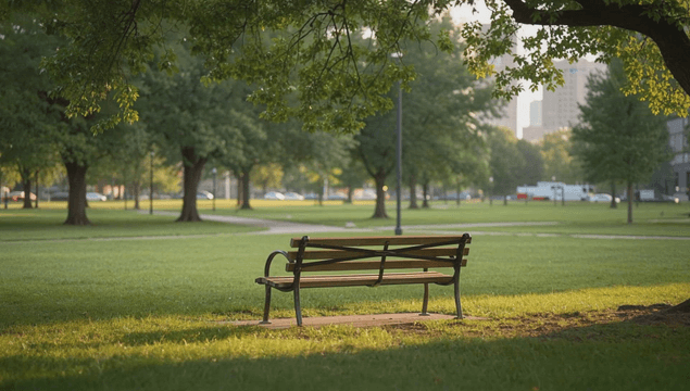 Peaceful park with tree bench overlooking distant road