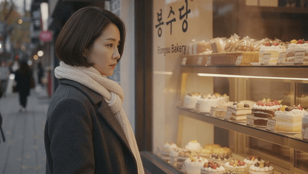 겨울 거리에서 빵집 창문에 케이크를 바라보는 여성