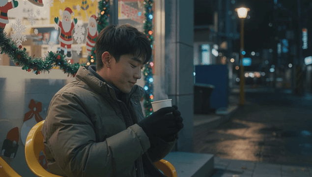 추운 밤에 따뜻한 커피를 즐기는 남자