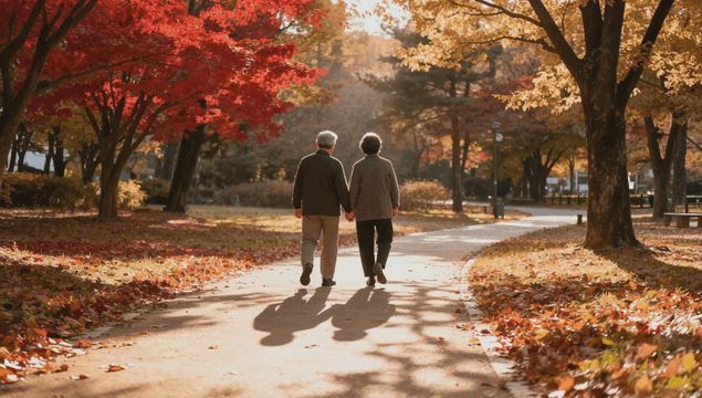 Elderly couple walking in an autumn park covered with fallen leaves
