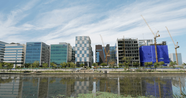 Modern buildings and construction cranes by the lakeside