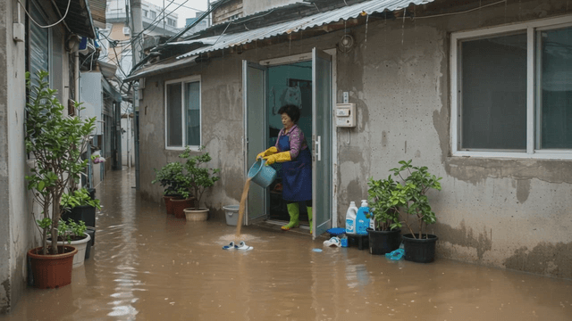 A woman pouring water from a flooded house
