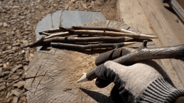 Hand writing with a thin wooden stick