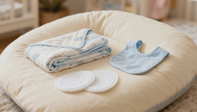 Baby items neatly arranged on a cushion