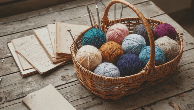 Basket of colorful yarn balls on a table
