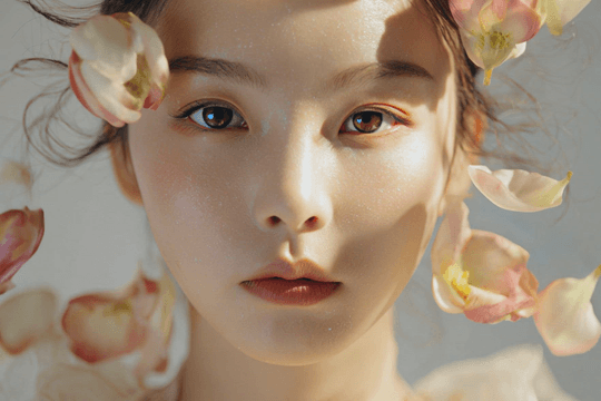 Flower petals falling over a woman’s face