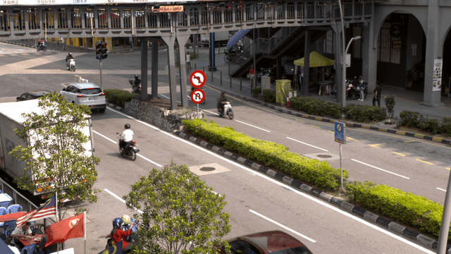 Busy city street with vehicles and pedestrians