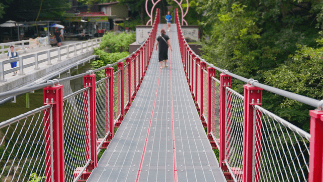 Mother and son crossing suspension bridge