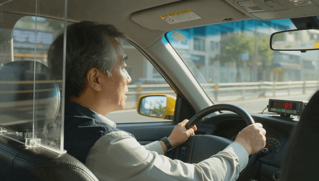 Taxi driver navigating through city streets