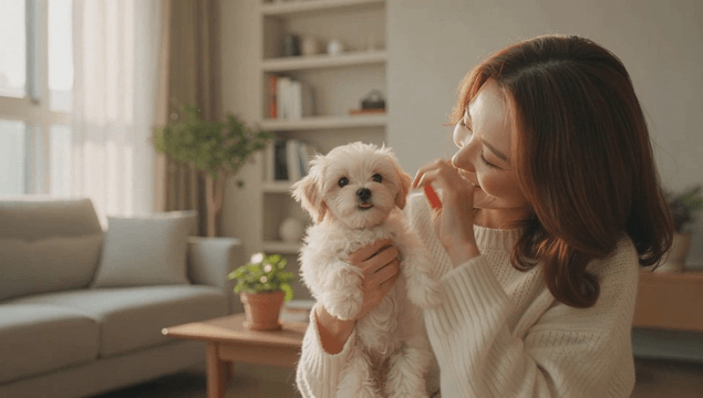 White small dog cuddled by a woman at home