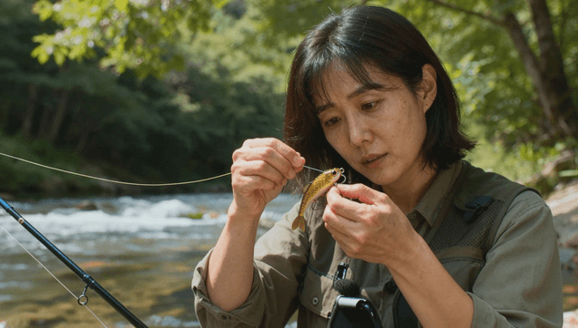 Preparing fishing bait by the riverside