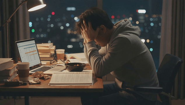 Stressed college student studying late at night