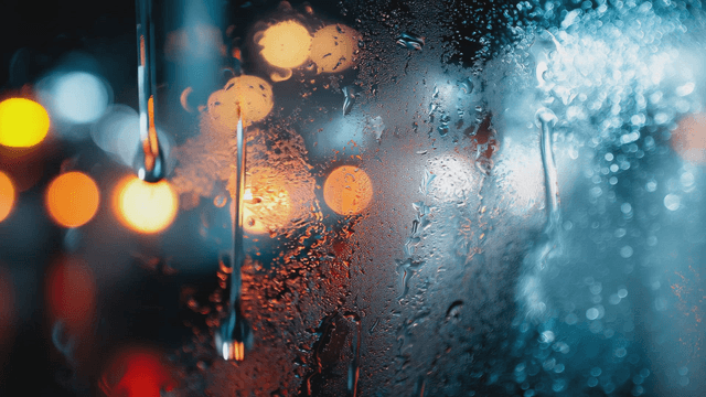 Raindrops on a window lit by warm light