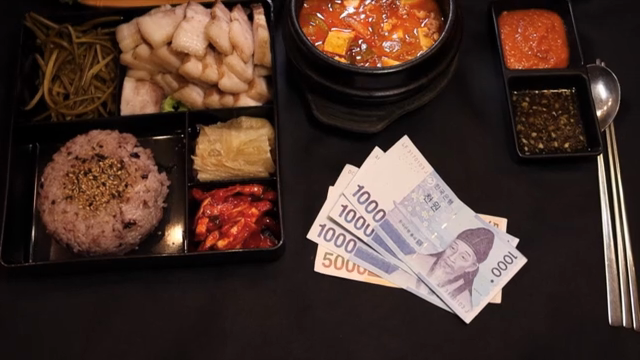 A full Korean meal with side dishes and money