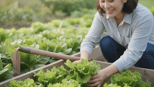 정원에서 상추 모종을 심는 여성