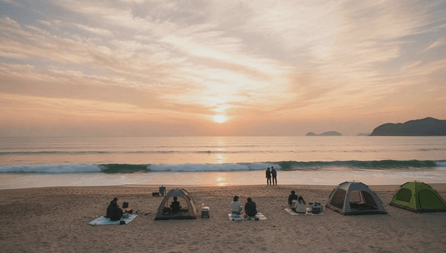 People camping on beach watching sunset