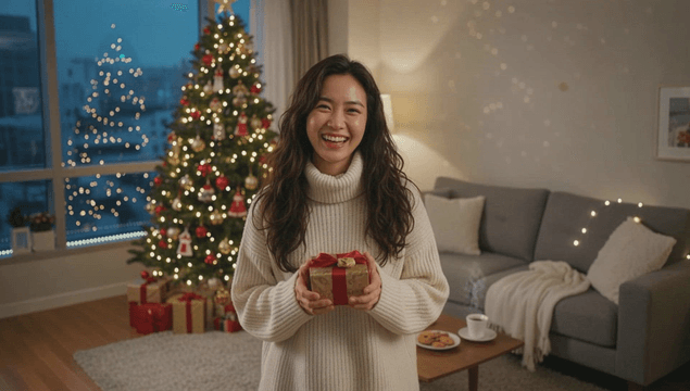크리스마스 거실에서 선물을 들고 웃는 젊은 여성