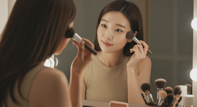 Woman applying makeup in front of a mirror