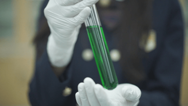 Student holding a green liquid in a test tube
