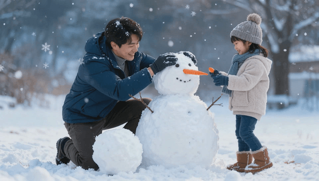 Father and daughter making a snowman