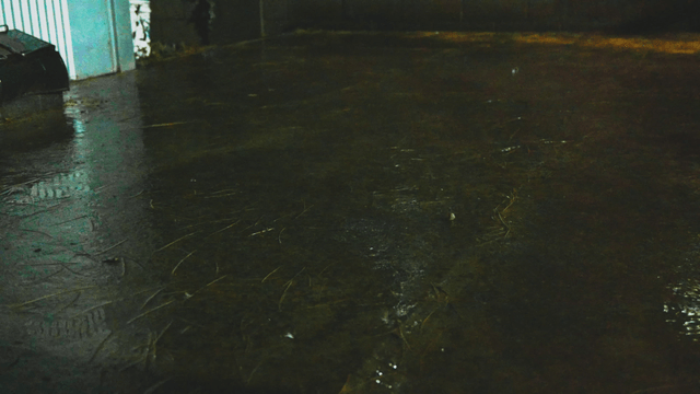 Heavy rain falling on dimly lit ground