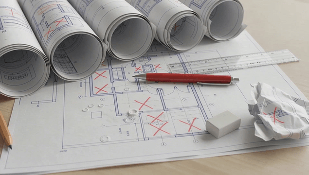 Blueprints and tools on a desk