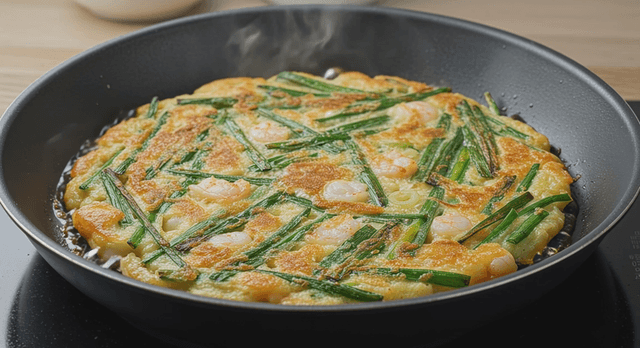 Korean pancake with shrimp and chives