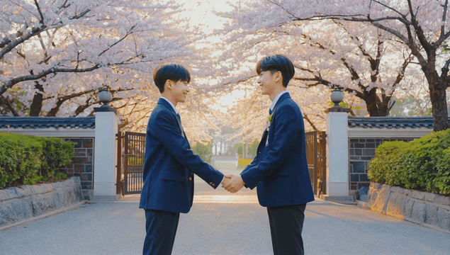 Two male students shaking hands under cherry blossoms