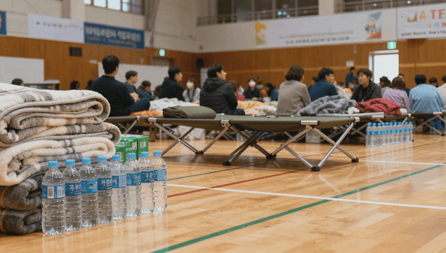 People and supplies in a gymnasium shelter