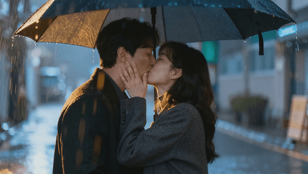 Couple kissing under umbrella in rain