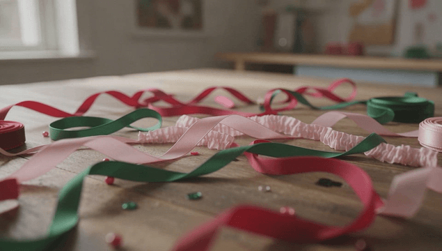 나무 테이블 위의 다채로운 리본