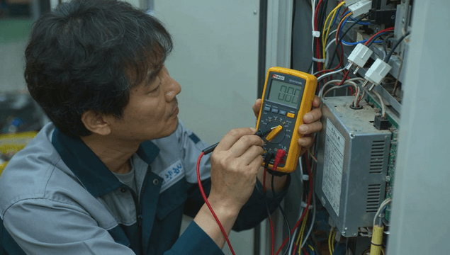 Technician using an electronic meter on an electrical breaker panel