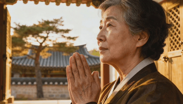 Elderly woman in hanbok praying at a traditional temple