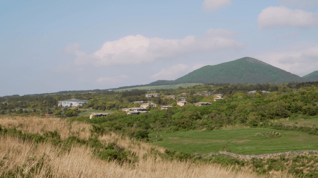 Scenic view of a village near a mountain