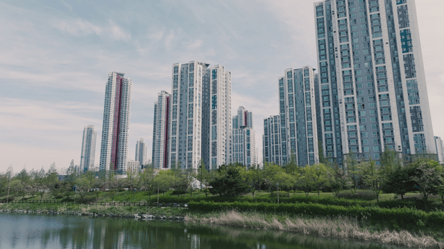Modern high-rise buildings near calm lake