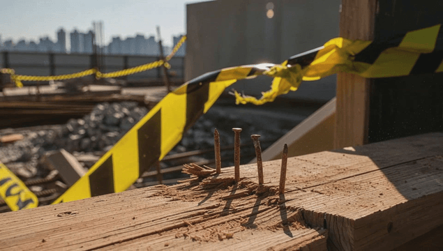 Construction site with rusty nails and caution tape