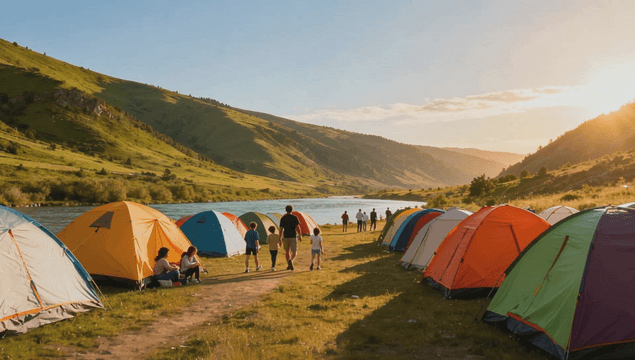 People camping by a riverside enjoying the outdoors